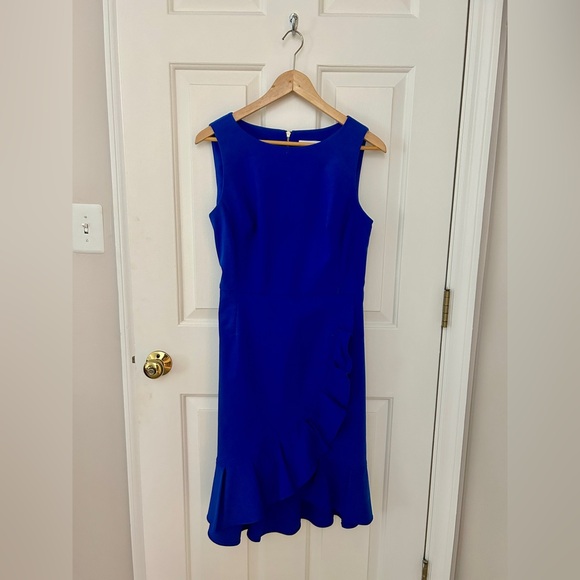 Calvin Klein Cobalt Blue Flore Cotton Blend Ruffle Detail Dress - Picture 2 of 3